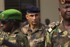 Francisco Soriano, general of the French peacekeeping military operation in the country, listens to address by interim president of the Central African Republic Catherine Samba-Panza in Bangui