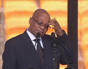 South African President Zuma gestures before making a speech during Mandela's national memorial service in Johannesburg
